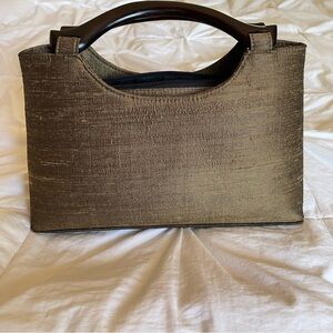 Bronze Fabric Handbag with Dark Wood Handles.12” x 8” x 4”